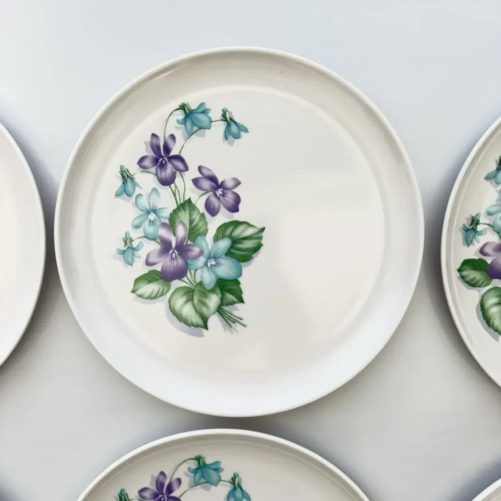 Set of 6 Royalon Melmac Violet Corsage Purple Floral Dinner Plates 9.5